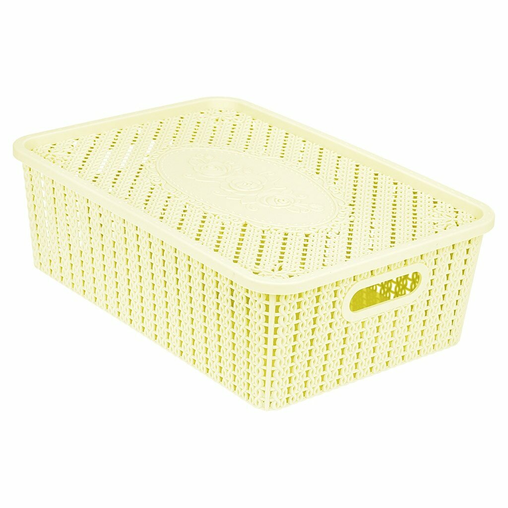Корзина-ящик Домашняя Мода пластмассовая, для хранения, 35,5х 24 см, высота 11 см, с крышкой, с ручками ваниль