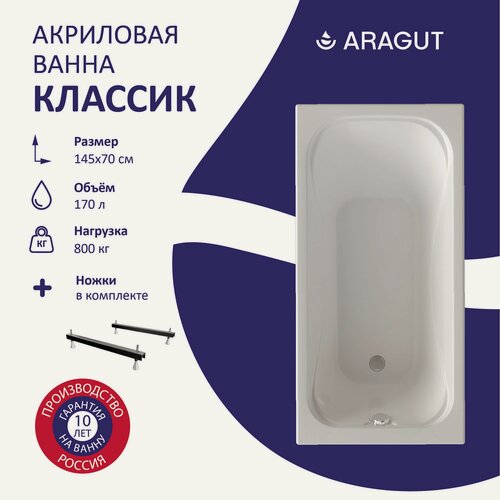 Изображение товара Акриловая ванна ARAGUT Классик 145х70 прямоугольная, в комплекте с ножками, белая