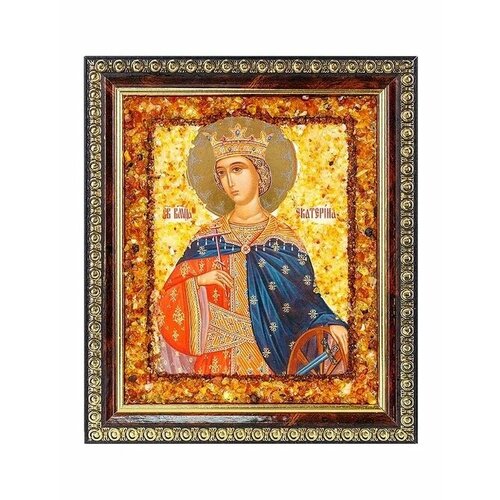 Святая великомученица Екатерина. Икона, украшенная натуральным янтарём