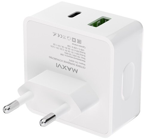 Сетевое зарядное устройство Maxvi (CHL-603PD) USB A + USB-C, 6A, 30W, QC 3.0, белый