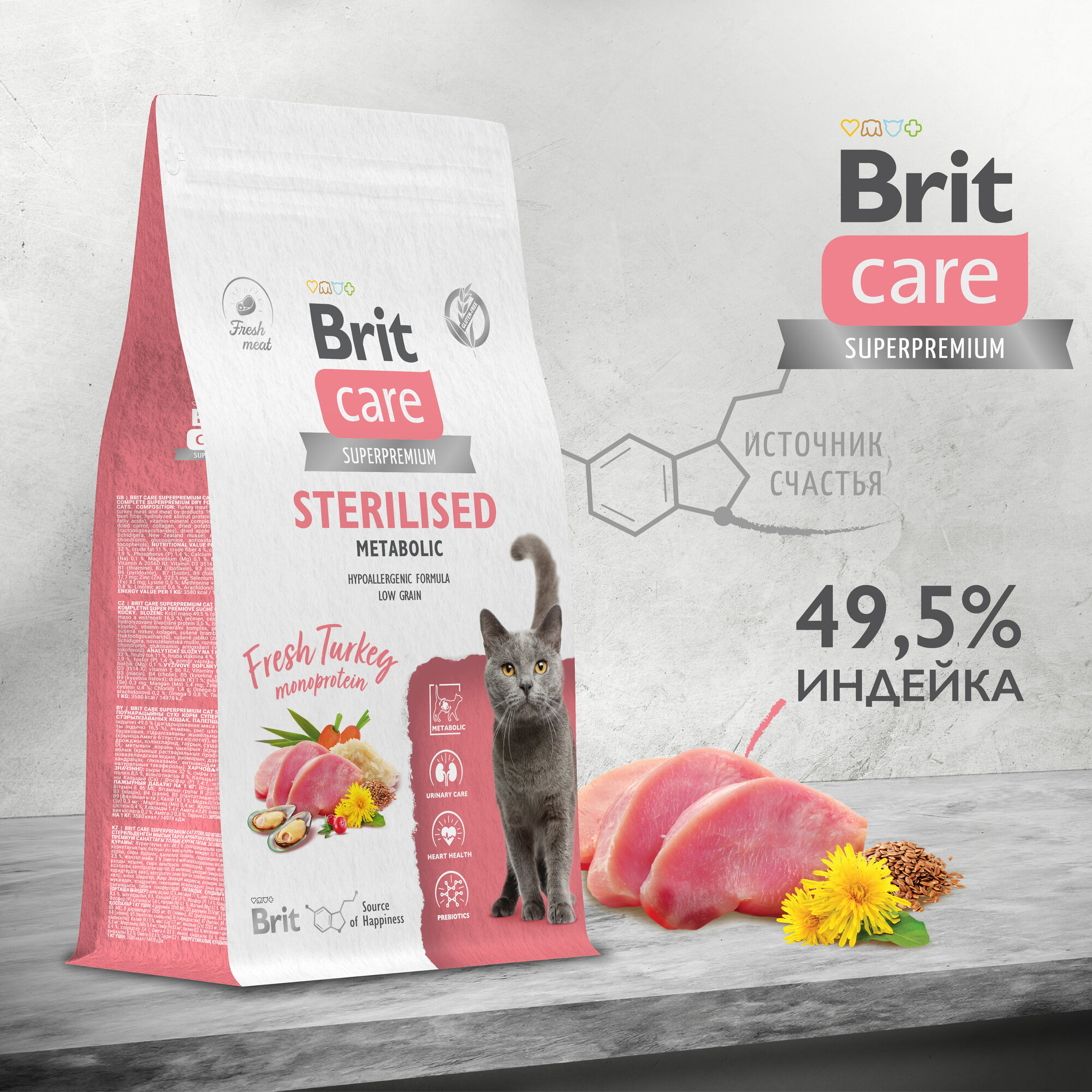 BRIT CARE, Сухой корм с индейкой для стерил. кошек Cat Sterilised MONOPROTEIN Metabolic,7 кг