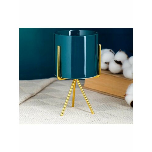 Кашпо Цилиндр зеленое на золотой подставке 15х8х8см 995₽