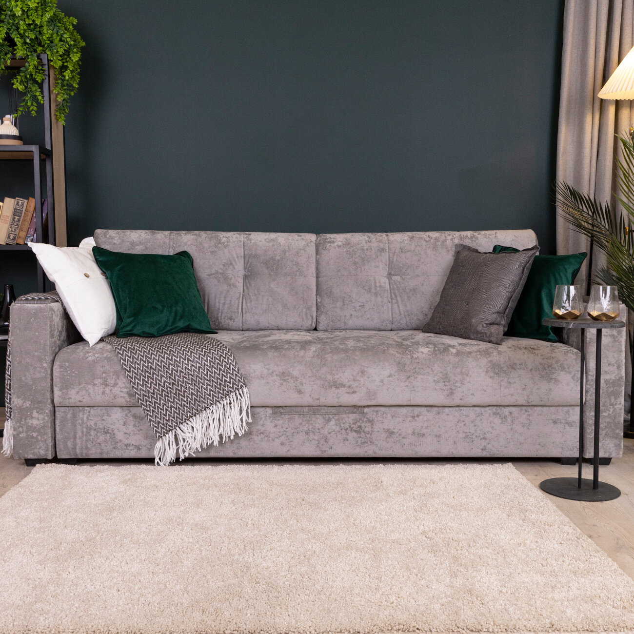 фото Диван кровать Тургояк раскладной с подлокотниками, 2 подушками и ящиком 146х190 см, Светло-серый ocean 960