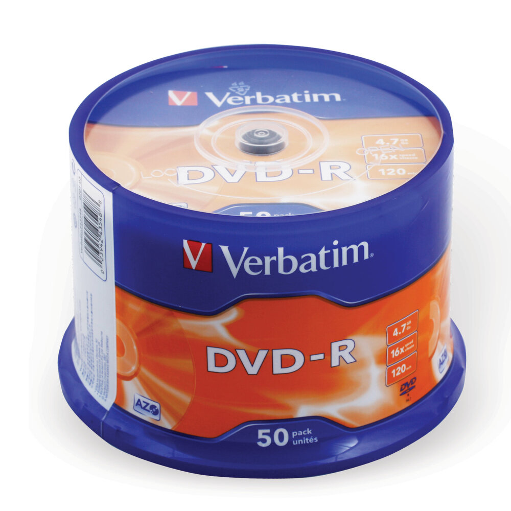 Диски DVD-R VERBATIM 4,7 Gb 16x Cake Box (упаковка на шпиле), комплект 50 шт, 43548