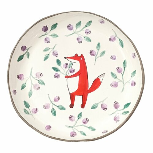 Тарелка ручной работы с бортиком Лис с сиренью, белая, 13 см