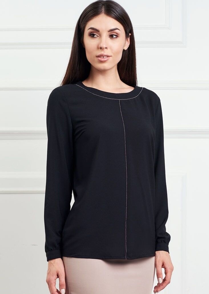 Блуза Черная женская блузка свободного кроя из вискозы, длинный рукав на манжетах, с отделкой