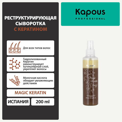 шампунь для волос кератин magic keratin fragrance free 300мл Kapous Fragrance free Сыворотка реструктурирующая Magic Keratin для волос и кожи головы, 225 г, 200 мл, аэрозоль