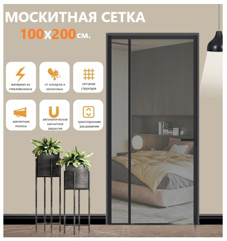 фото Москитная сетка на дверь на магнитах из стекловолокна раздвижная 100Х200см./ Дверная занавеска от комаров и мух на липучке с боковым открыванием/ Сетка из стекловолокна с магнитной полосой.