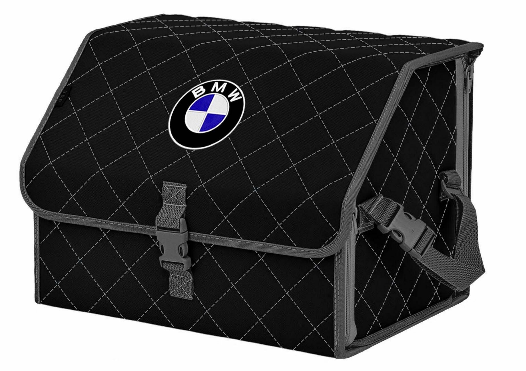 Органайзер-саквояж в багажник "Союз" (размер M). Цвет: черный с серой прострочкой Ромб и вышивкой BMW (БМВ).