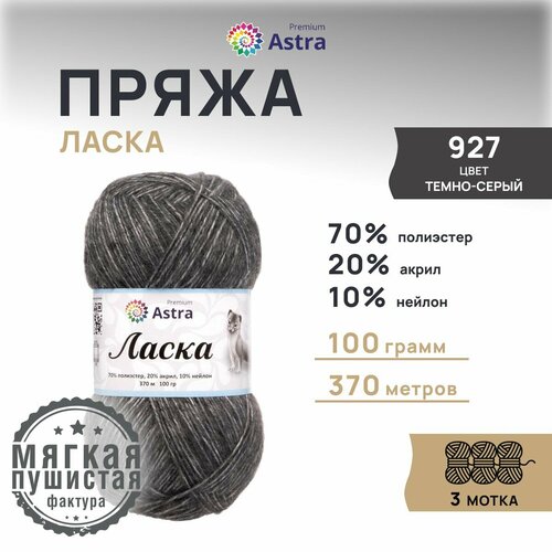 фото Пряжа для вязания astra premium 'ласка', 100г, 370м (70% полиэстер, 20% акрил, 10% нейлон) (927 темно-серый), 3 мотка