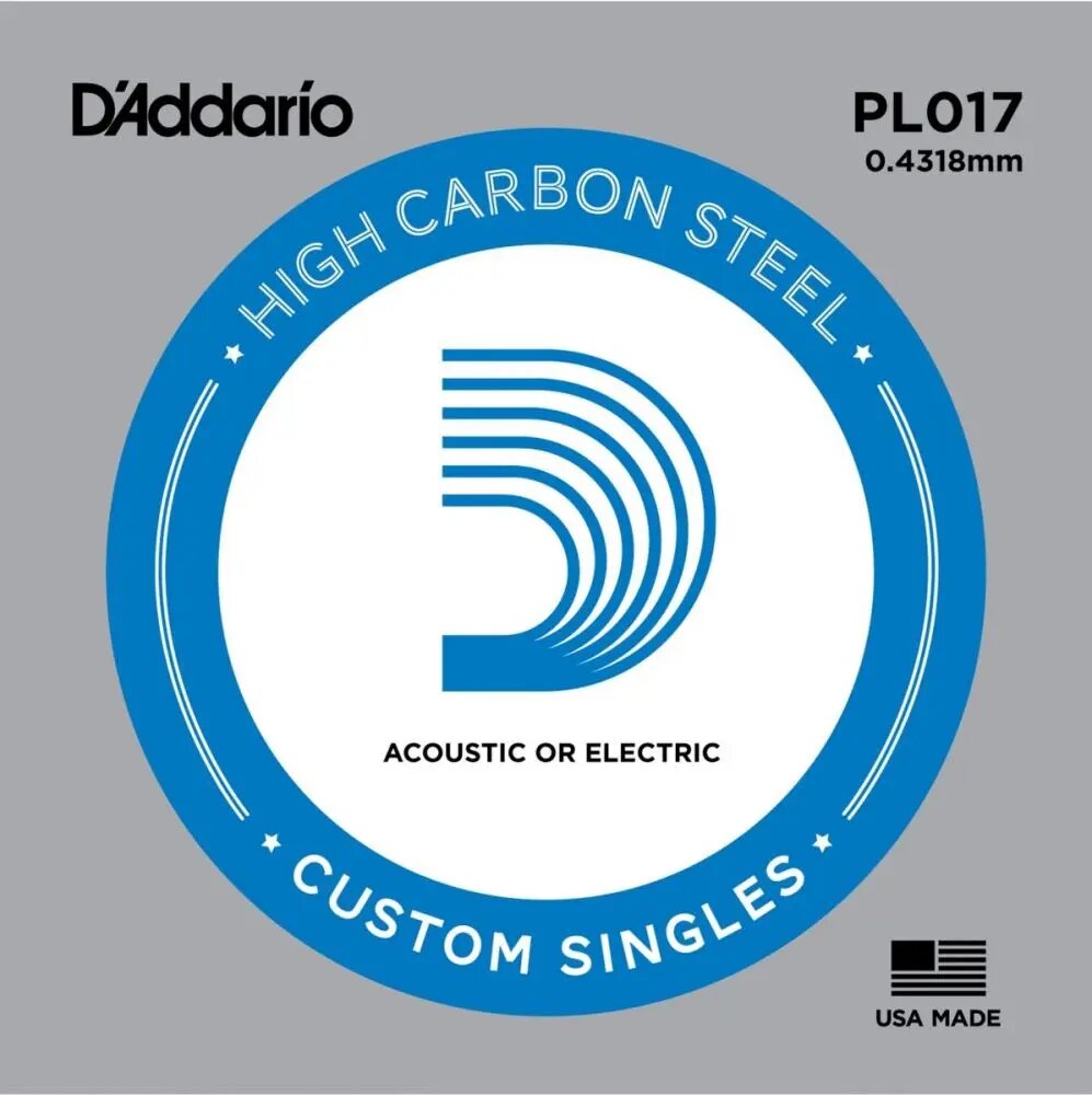 Струна для акустической и электрогитары D'Addario PL017 High Carbon Steel Custom Singles, сталь, калибр 17, D'Addario (Дадарио)