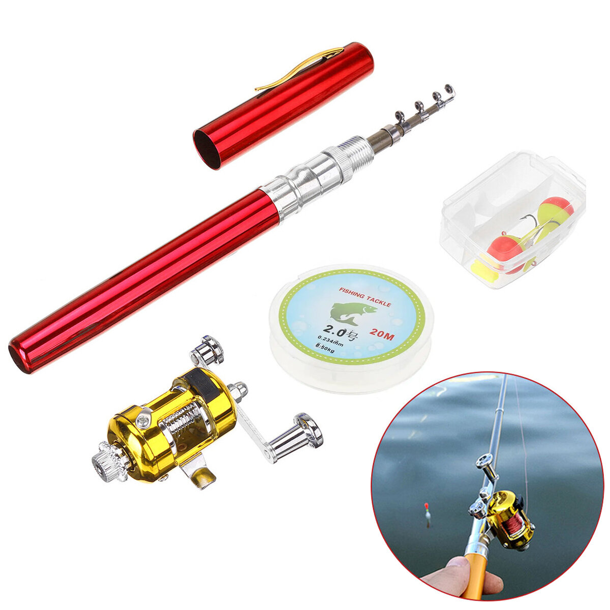 Карманная удочка спиннинг Pen Fishing Rod красная + катушка + набор приманок