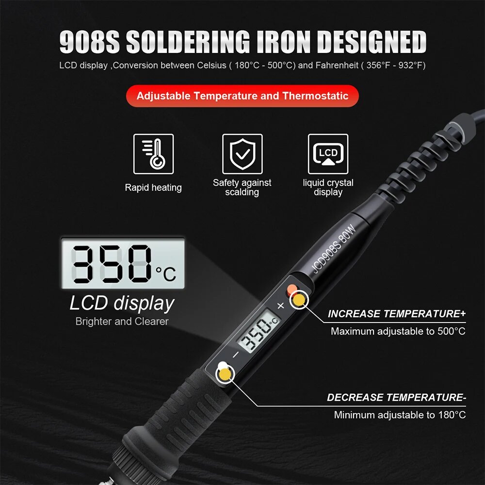 Изображение Набор паяльников JCD 80 Вт с ЖК-дисплеем, 908S KIT4, 80W 220V, EU