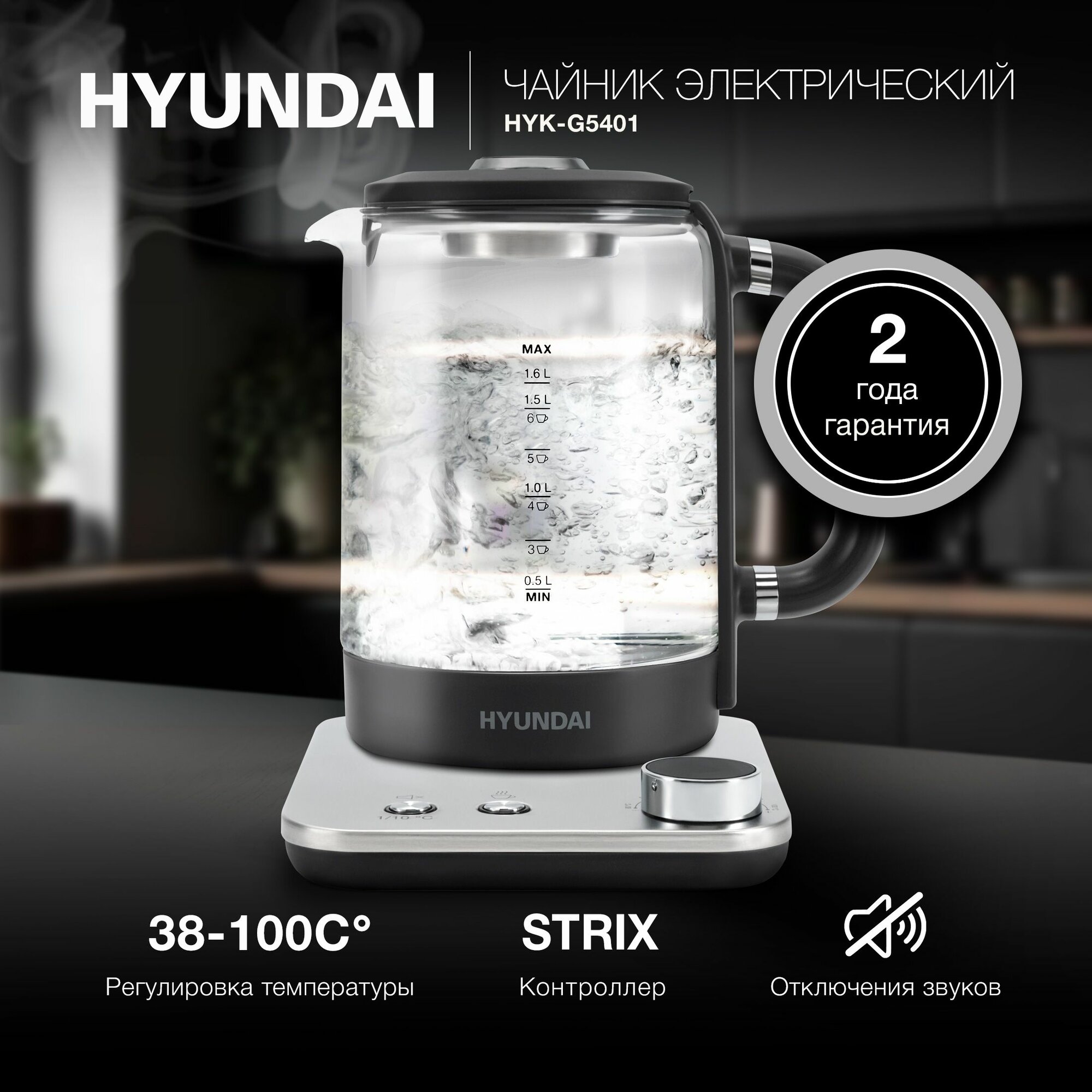 Чайник Hyundai HYK-G5401 1.7л. 2200Вт серый/серебристый (стекло)