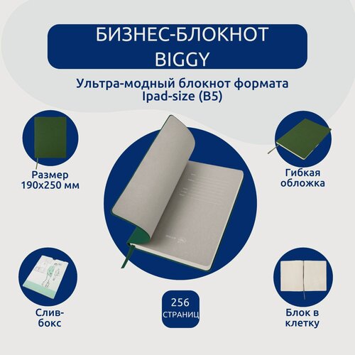 Изображение товара Бизнес-блокнот "Biggy", B5 формат, зеленый, серый форзац, мягкая обложка, в клетку