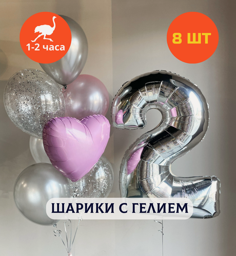 Изображение товара Воздушные шары с гелием, шары с днем рождения, набор шаров для девочки "Серебристая нежность с цифрой на выбор", 8 шт.