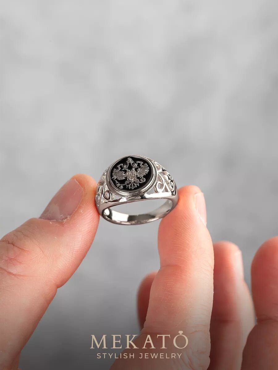 Печатка МЕКАТО, размер 19, серебряный, черный — фото 1