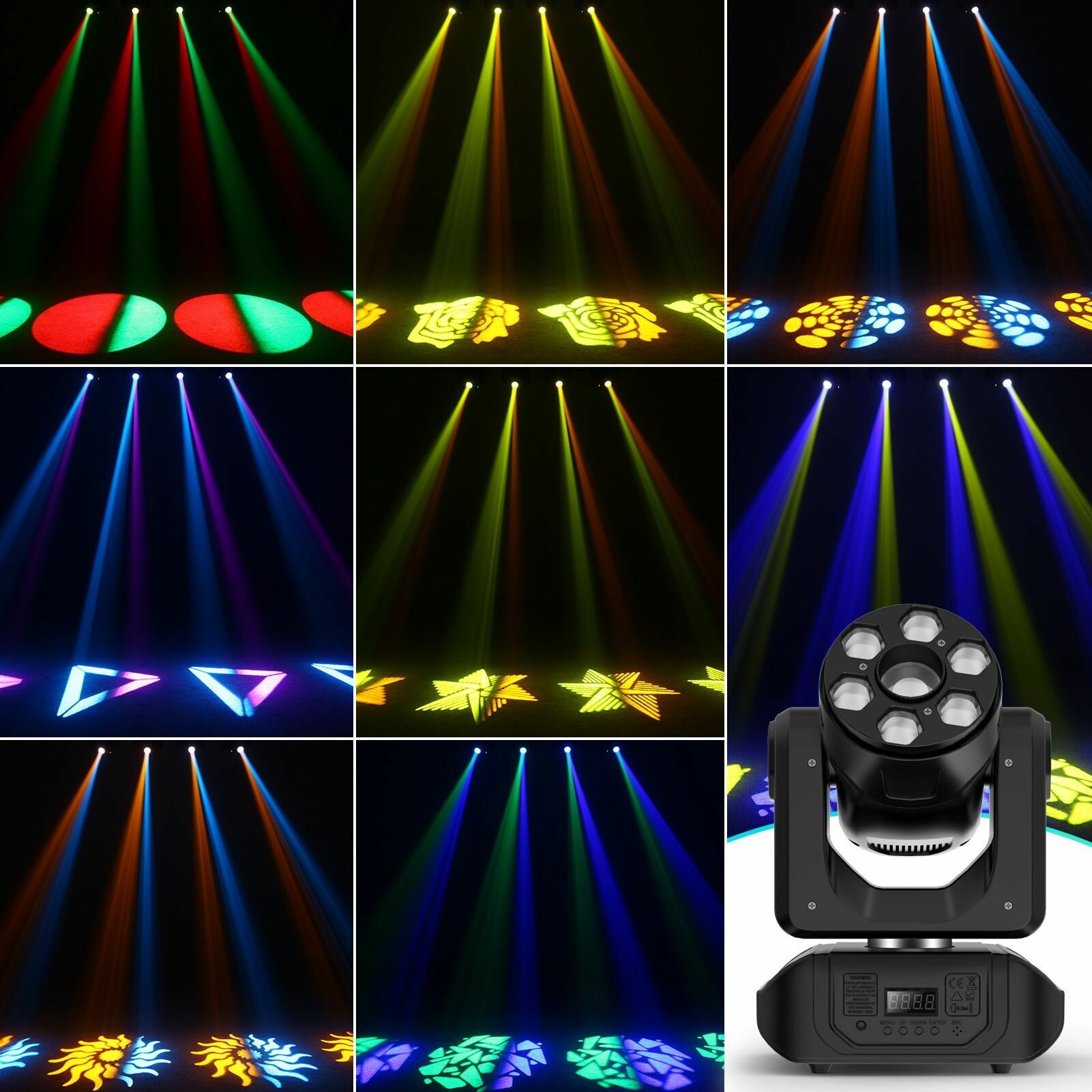 Вращающаяся голова LED с пультом ДУ, cценический прожектор DMX (6 светодиодных лучей, узоры, стробоскоп) светомузыка для вечеринки, клубов, баров и праздника — фото 1