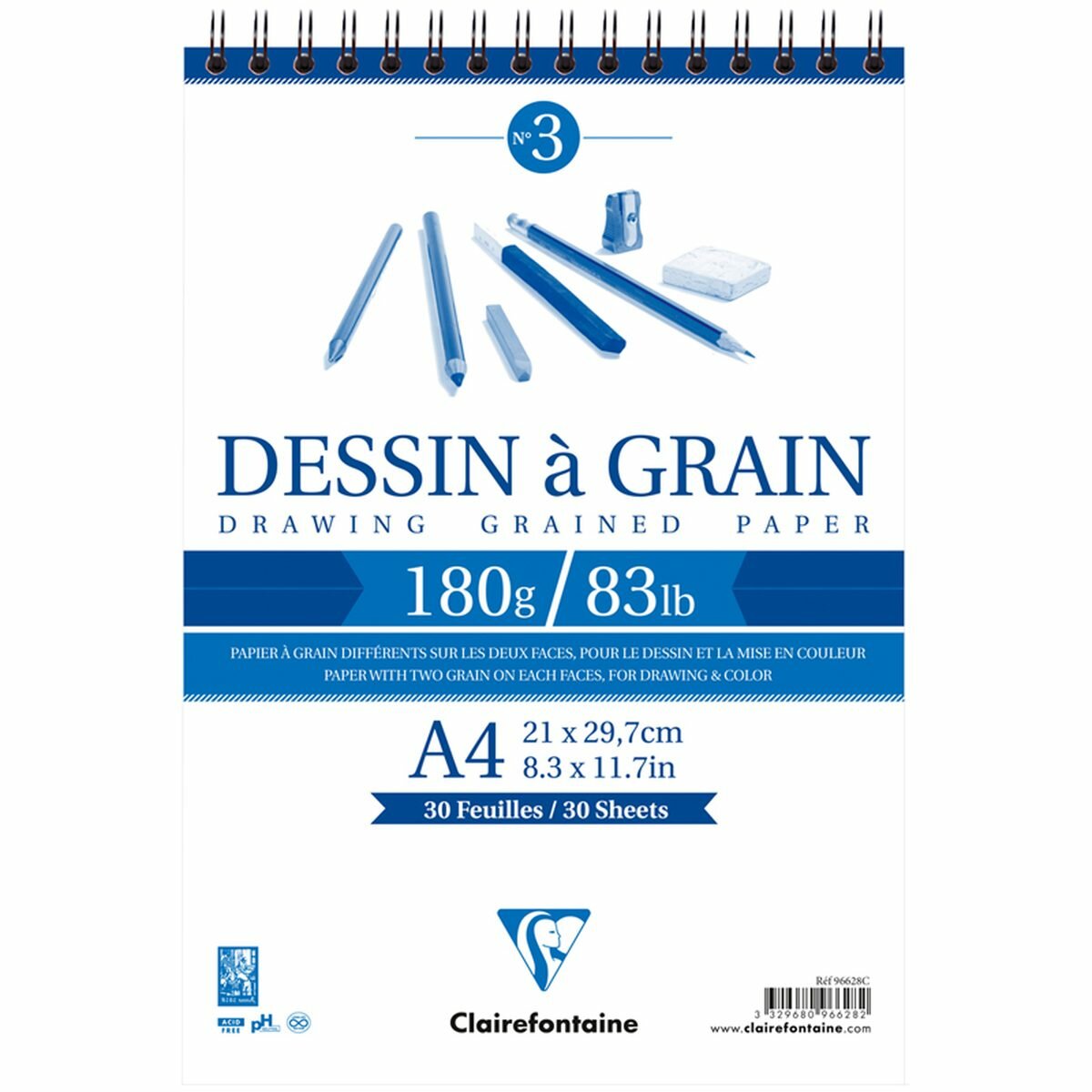 Блокнот для зарисовок А4, 30л Clairefontaine "Dessin a grain" (180 г/кв. м, спираль, мелкое зерно) (96628C)