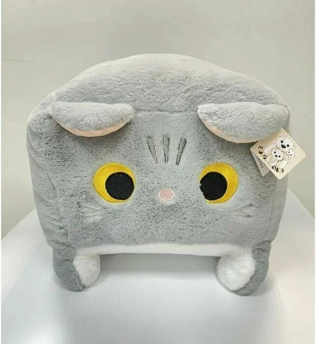 Мягкая игрушка Кот милый плюшевый серый квадратный 25 см, серый