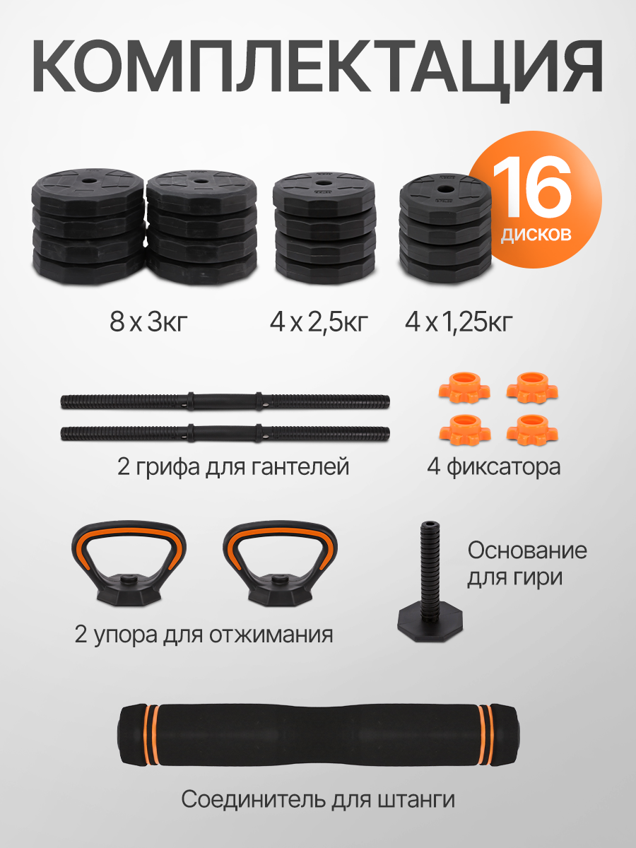 Гантели 4в1 (гантели+штанга+гиря+упоры) 40кг. В комплекте 16 дисков — фото 1