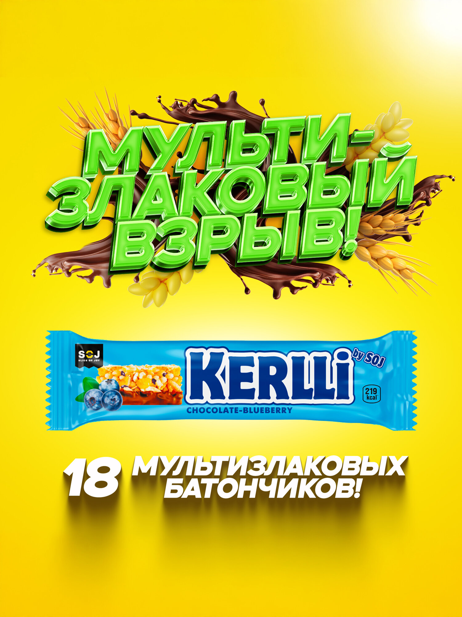 SOJ Злаковые батончики "KERLLI" с черникой в молочном шоколаде, 18шт х 50г