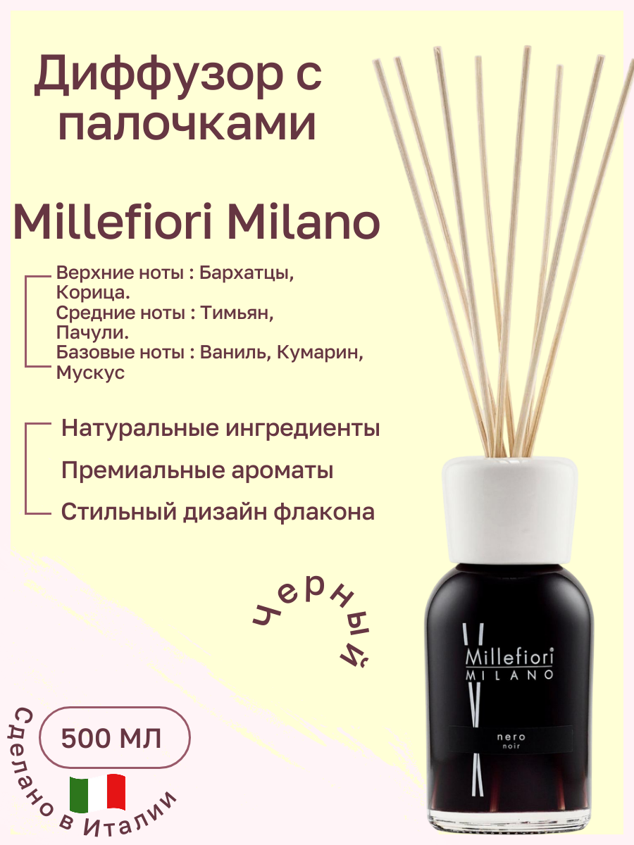 Millefiori Milano NATURAL / Диффузор с палочками 500 мл Черный / Nero