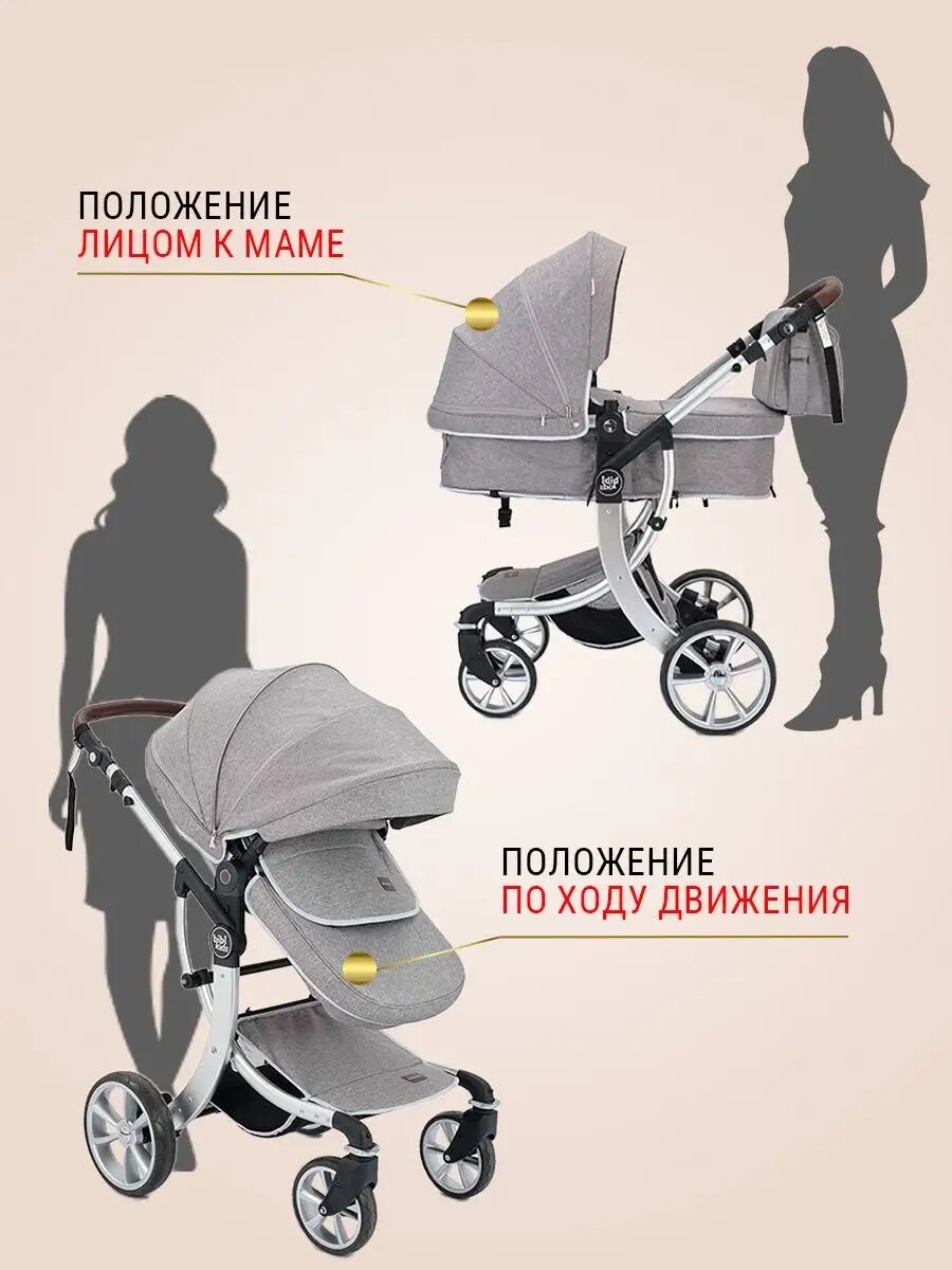 Детская коляска трансформер BibiKids 608 3 в 1 для новорожденных, люлька и прогулка до 3-х лет, автокресло 0+ Серая 2025 — фото 1