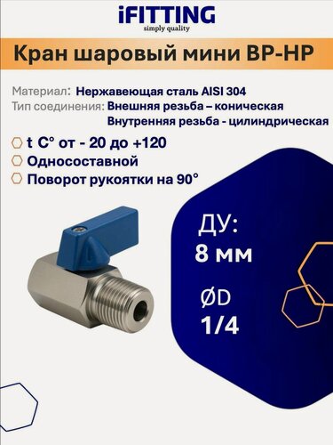 Изображение товара Кран шаровый мини нержавеющий односоставной Ду 8 1/4" вр/нр AISI 304