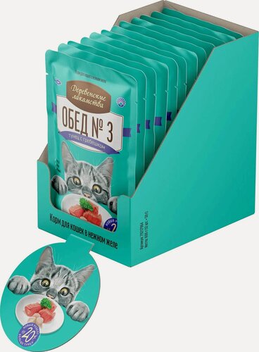 Изображение товара Влажный корм для кошек Деревенские лакомства пауч обед №3 тунец с гребешком 12 х 50 г