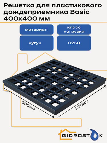 Изображение товара Решетка Basic Рв-39.39 для дождеприёмника 400х400 ячеистая чугунная класс С250