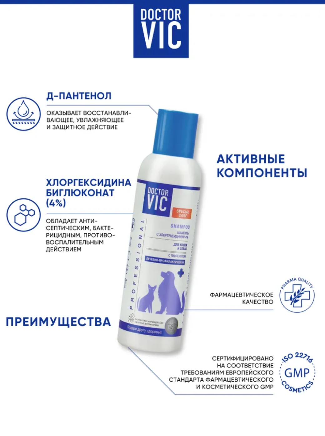 Шампунь с Хлоргексидином 4%", для животных, антибактериальный, 150мл, Doctor VIC — фото 1