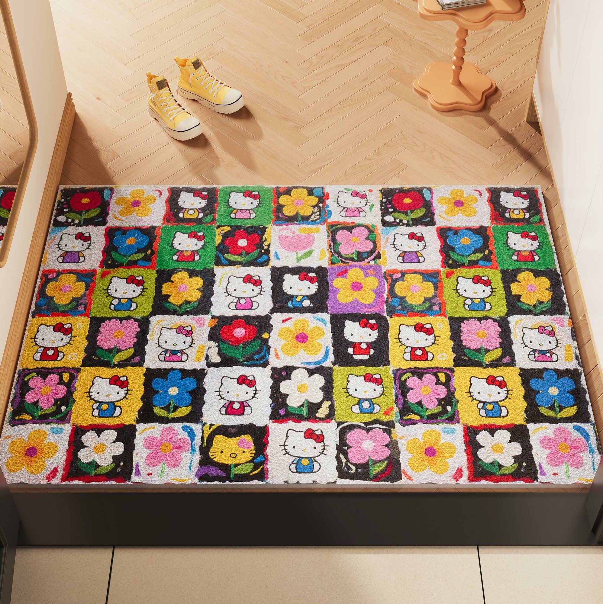 Hello Kitty Коврик для пола, Коврик для входной двери, Цветные квадраты, 40x60 cm