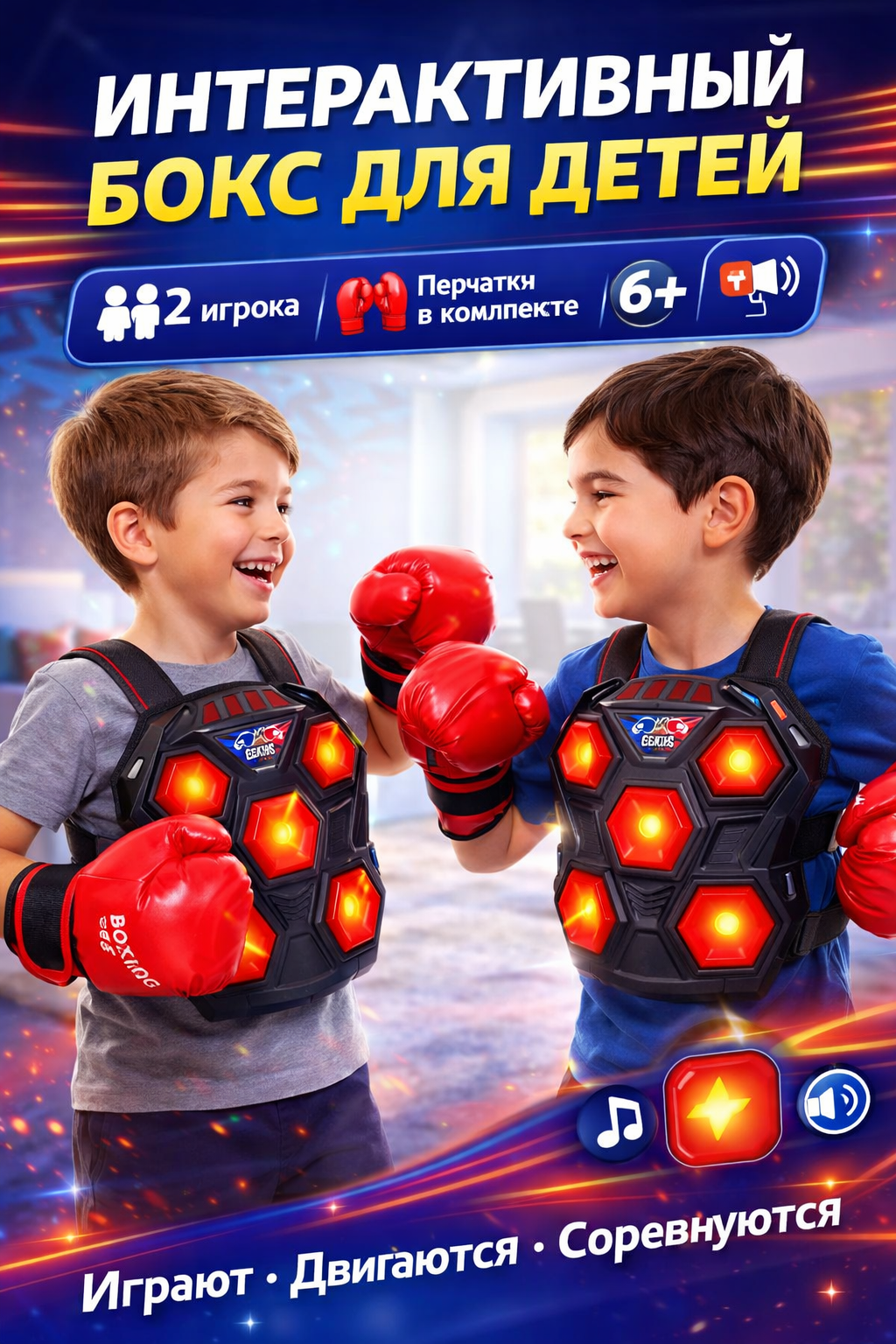 Интерактивный боксёрский набор для детей — 2 игрока с LED-жилетами и перчатками в комплекте.
