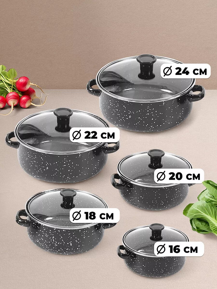 Набор кастрюль с крышками - эмалированные, 5 штук — фото 1