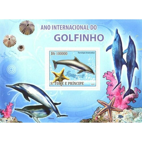 Почтовые марки Сан-Томе и Принсипи 2008г. Фауна - Международный год дельфинов Дельфины, Морская фауна MNH почтовые марки сан томе и принсипи 2009г динозавры и минералы пахицефалозавр сподумен и кунцит люкс блоки рыбы фауна mnh