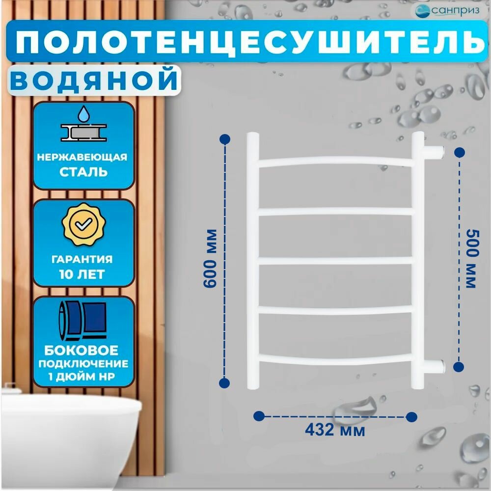 фото Полотенцесушитель Классик П5 400*600 белый матовый боковое подключение м/о 500 лесенка санприз