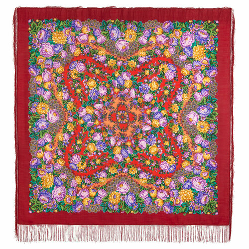 фото Платок павловопосадская платочная мануфактура,146х146 см, фиолетовый, оранжевый