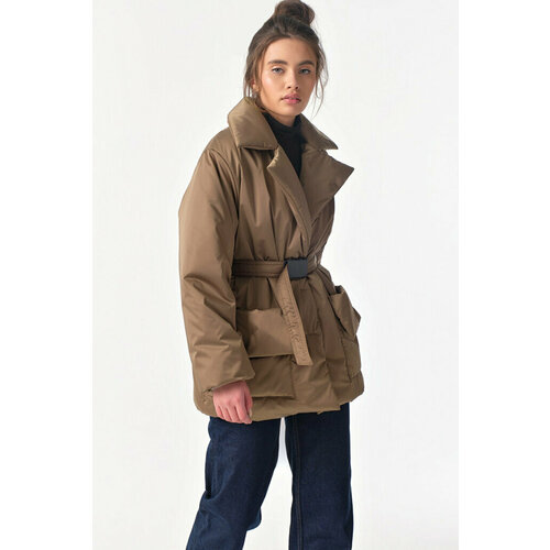 женская утепленная куртка из овечьей шерсти коричневая свободная теплая куртка с меховым воротником и отложным воротником весна осень 2023 Куртка FLY, размер 44, коричневый