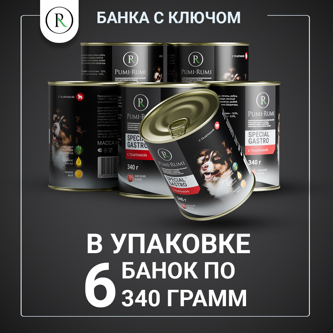 Влажный корм для собак со слабым пищеварением с телятиной PUMI-RUMI серия SPECIAL GASTRO 340гр, 6 штук — фото 1