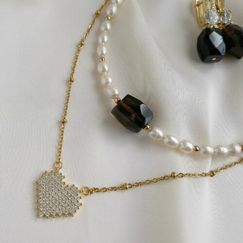 фото Комплект бижутерии: подвеска, колье, жемчуг пресноводный, раухтопаз, размер колье/цепочки 41 см камни елены
