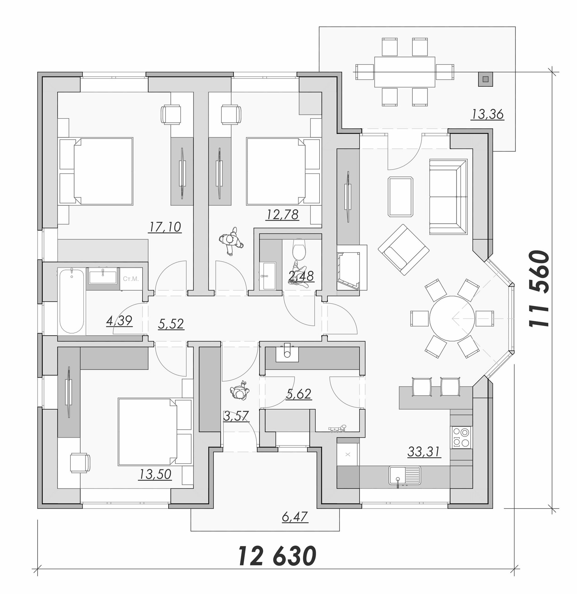 Классический 100 м2 одноэтажный проект дома с 3 спальнями и террасой (зеркальная версия). 1000 лайков и 50000 дочитываний - фотография № 2