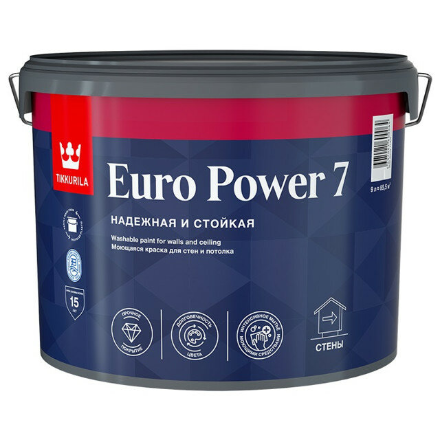 Краска акриловая tikkurila euro power 7 база с для стен и потолков 9л бесцветная, арт.700001124