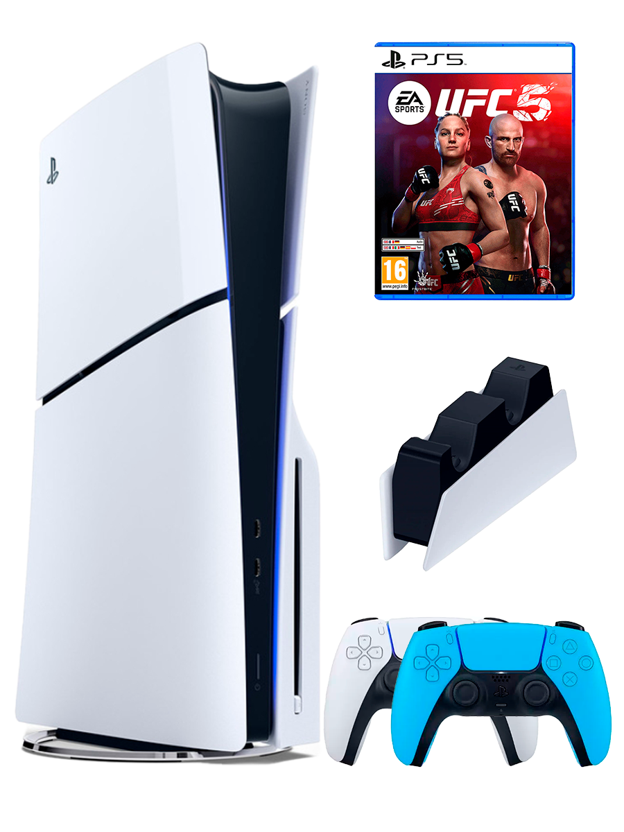PS5 (ПС5) Игровая приставка Sony PlayStation 5 Slim disc + 2-й геймпад(голубой) + зарядное + игра UFC 5