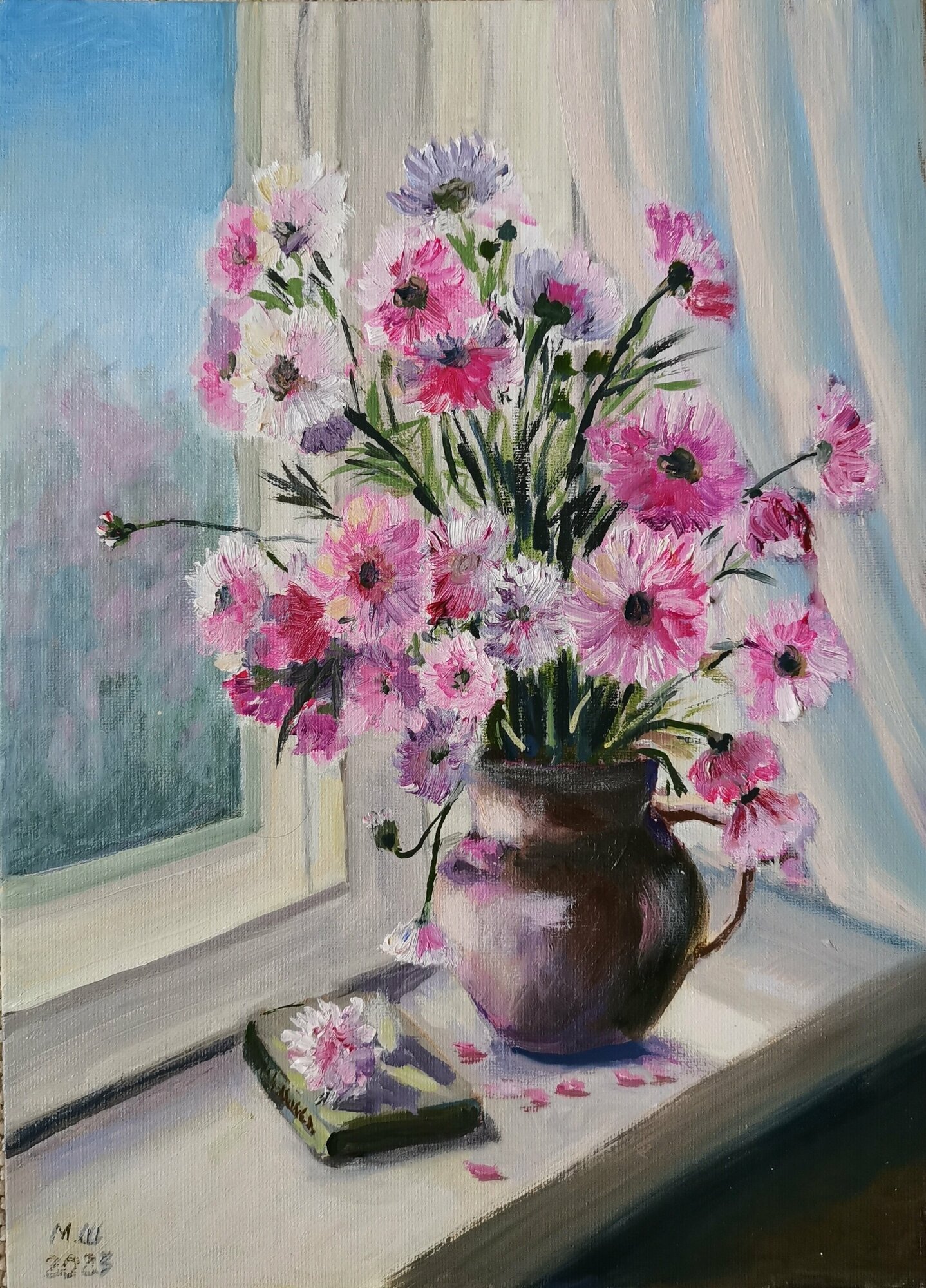 Картина маслом "Цветы на окне", ручная работа, 25х35см