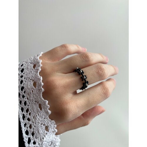 Кольцо плетеное, бисер, черный 2