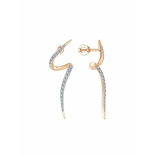Серьги пусеты Калина Gold Серьги золотые с фианитами, Гвоздики, Пусеты, Женские, Длинные, Золото 585 пробы, Витые, красное золото, 585 проба, родирование, фианит, размер 14 мм, длина 3.8 см, золотой