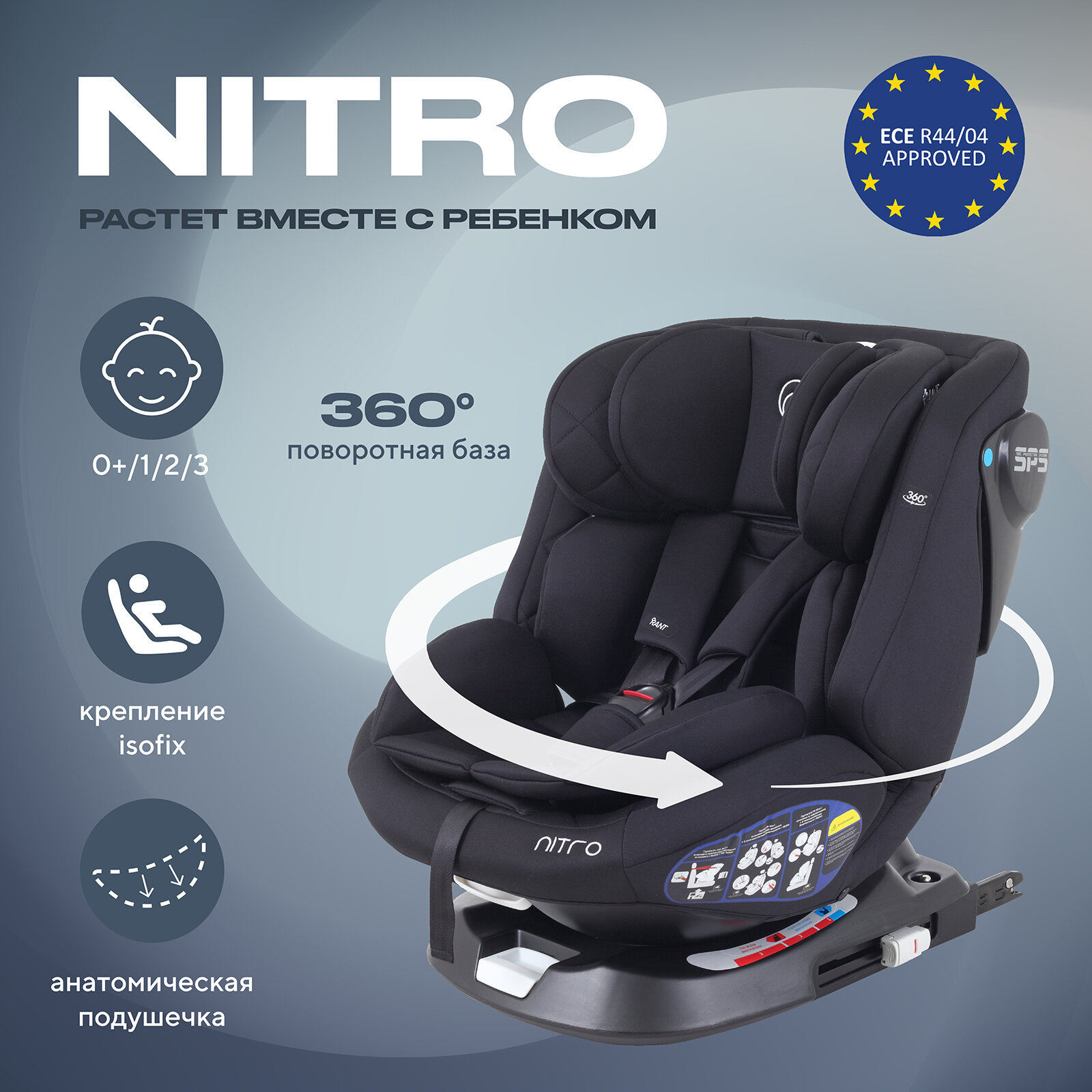 Автокресло Rant Nitro isofix UB619 группа 0+/1/2/3 от 0 до 12 лет вес 0-36 кг рост 40-145 см, Black