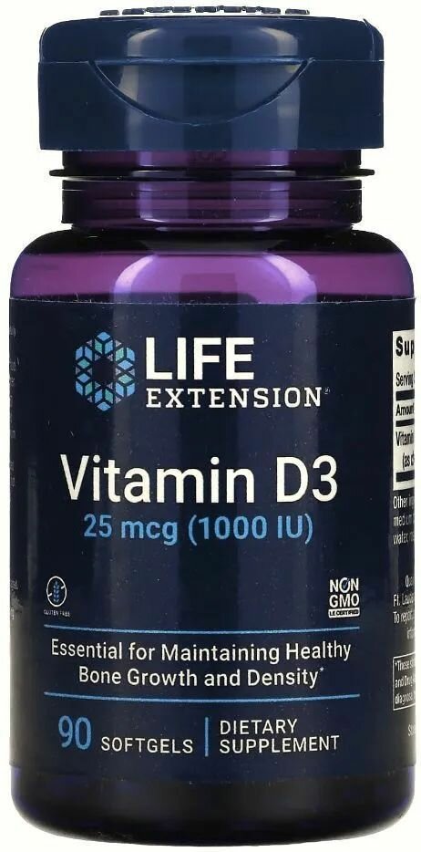 Витамин Д3 1000 МЕ 90 softgels, LIFE Extension Vitamin D3 25 mcg (1000 IU) 90 капсул