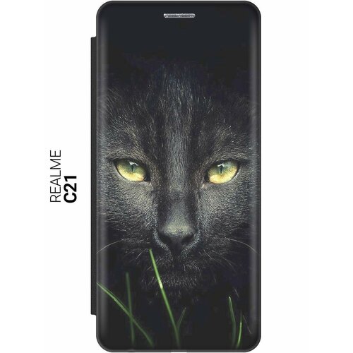 Чехол-книжка на realme C21, Рилми С21 с 3D принтом "Кошка в темноте ...